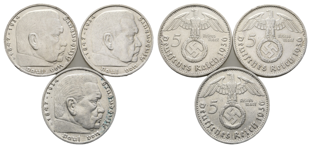  Deutsches Reich; 5 Mark (3 Stück) 1936   