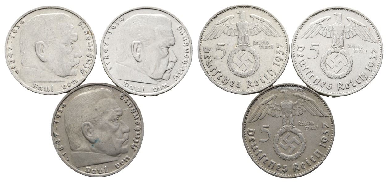  Deutsches Reich; 5 Mark (3 Stück) 1937   