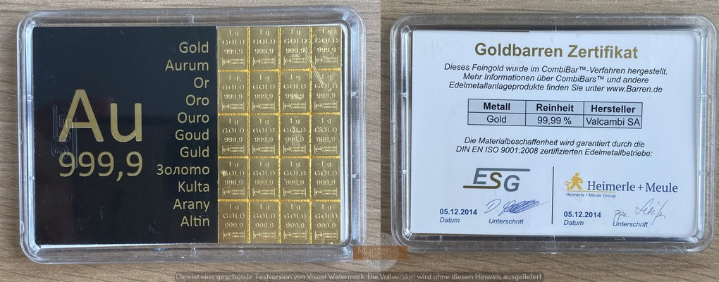 Deutschland. Goldbarren 20g Kombibarren MM-Frankfurt Feingold: 20 x 1g Heimerle & Meule - ESG  