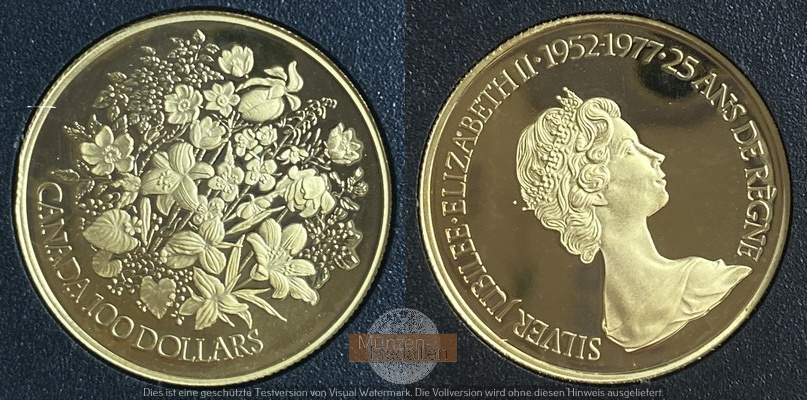 Kanada  100 Dollar MM-Frankfurt Feingold: 15,55g 25. Jahrestag - Thronbesteigung 1977 