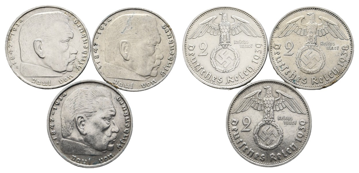  Deutsches Reich; 2 Mark (3 Stück) 1938-1939   