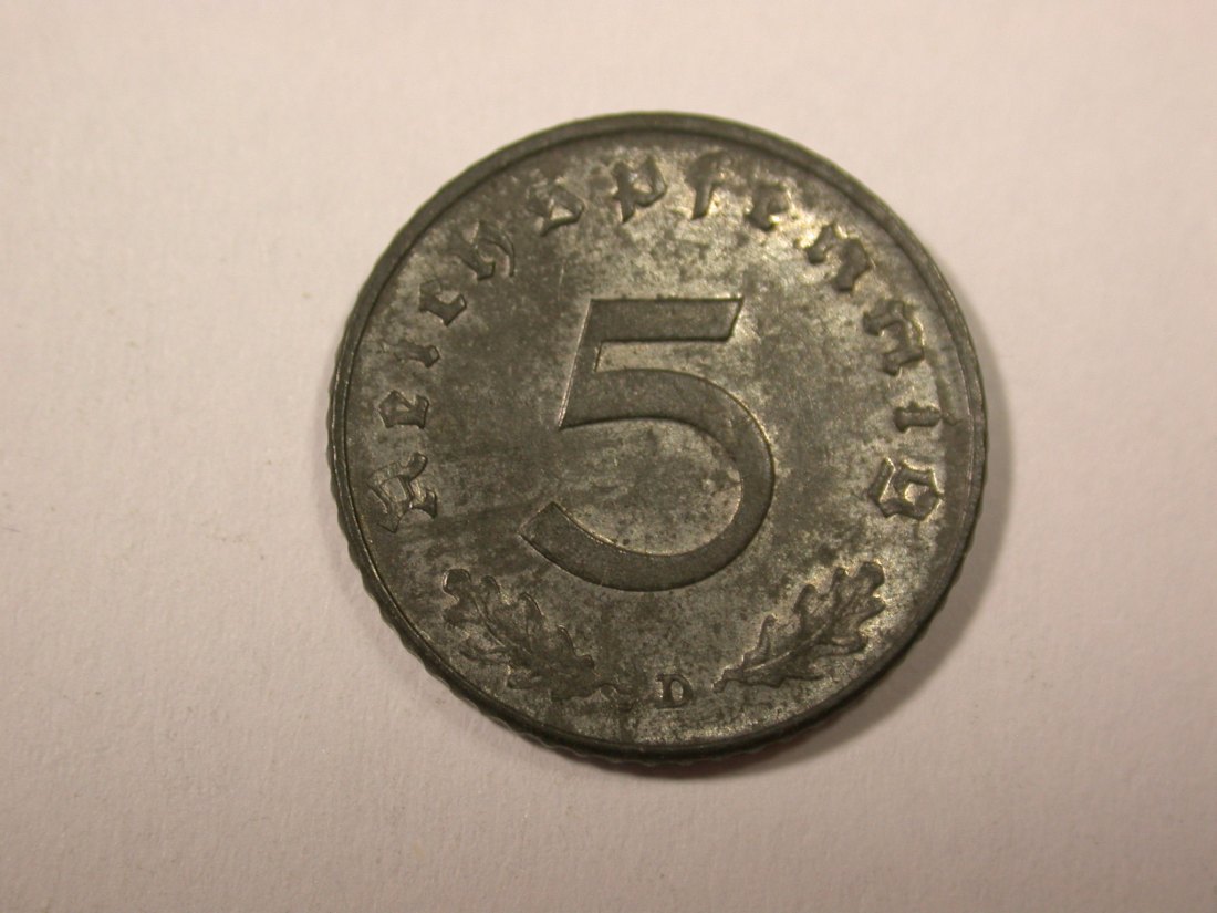  I5  3.Reich  5 Pfennig 1944 D in vz/vz-st fleckig     Originalbilder   