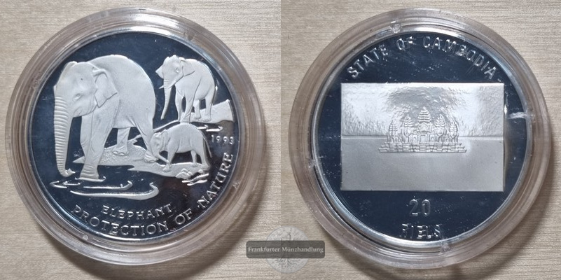  Kambodscha  20 Riels 1993 Elefant  FM-Frankfurt  Feingewicht: 19,95g Silber   