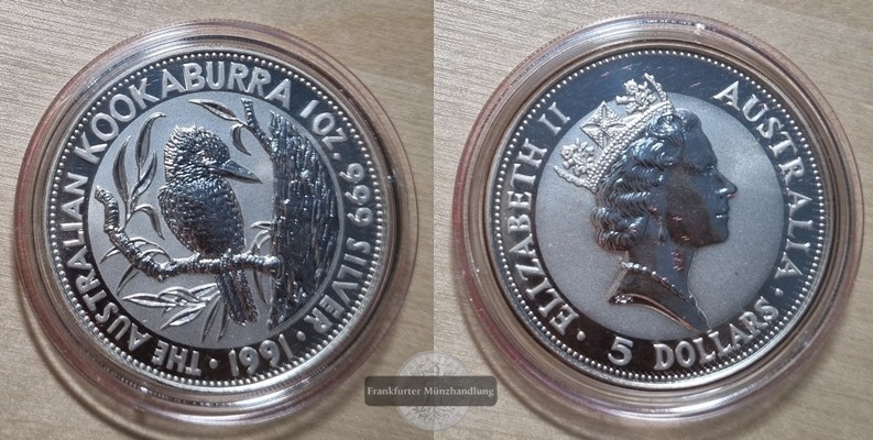  Australien,  5 Dollar 1991  Kookaburra  FM-Frankfurt  Feinsilber: 31,1g   