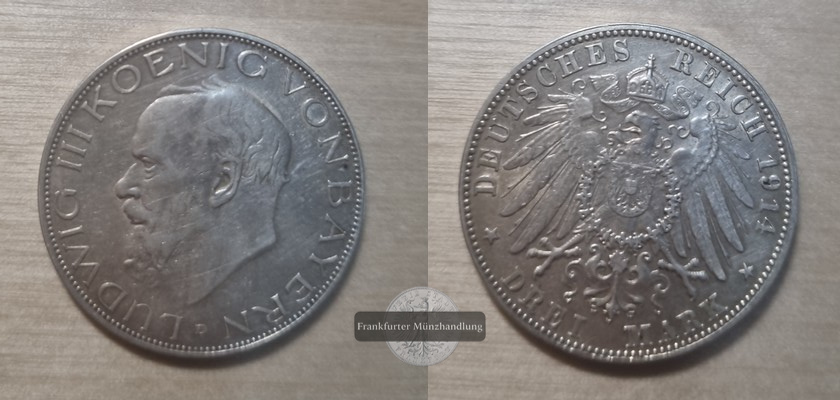 Deutsches Kaiserreich. Bayern, Ludwig III.  3 Mark 1914 D  FM-Frankfurt  Feinsilber: 15g   
