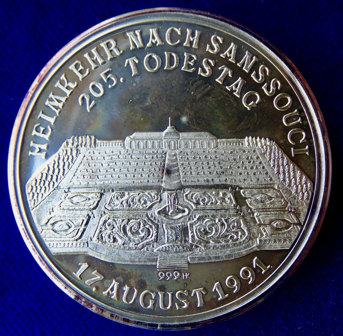  Friedrich der Große Silber- Medaille 1991 Staatsbegränis in Potsdam nach seinem Testament   