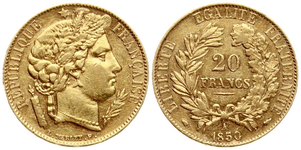  Frankreich, 2. Republik: 20 Franc 1850 A, GOLD, 6,45 gr. 900er, seltener, siehe Bilder!   