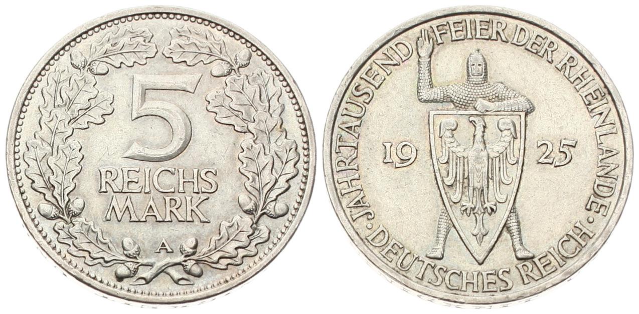  Weimarer Republik: 5 Reichsmakr 1925 A, Rheinlandfeier, Patina, ERHALTUNG!!   