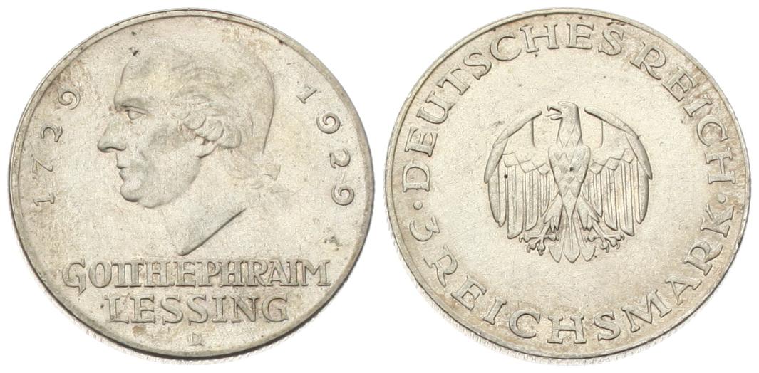  Weimarer Republik: 3 Reichsmark 1929 D, Lessing, Patina!   