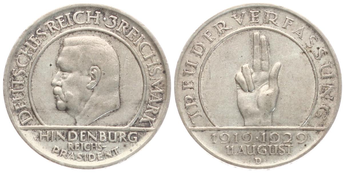  Weimarer Republik: 3 Mark 1929 D (München), Schwurhand, J 340, schöne Patina!! ERHALTUNG!   