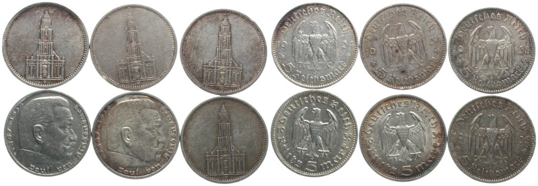  Deutschland: III. Reich, Lot von 6 x 5 Mark, 83,1 gr 900er Silber (74,79 gr. FEIN)!   