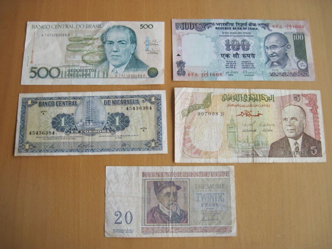  Kleines Lot Banknoten Brasilien, Indien, Belgien, Tunesien, Nicaragua   