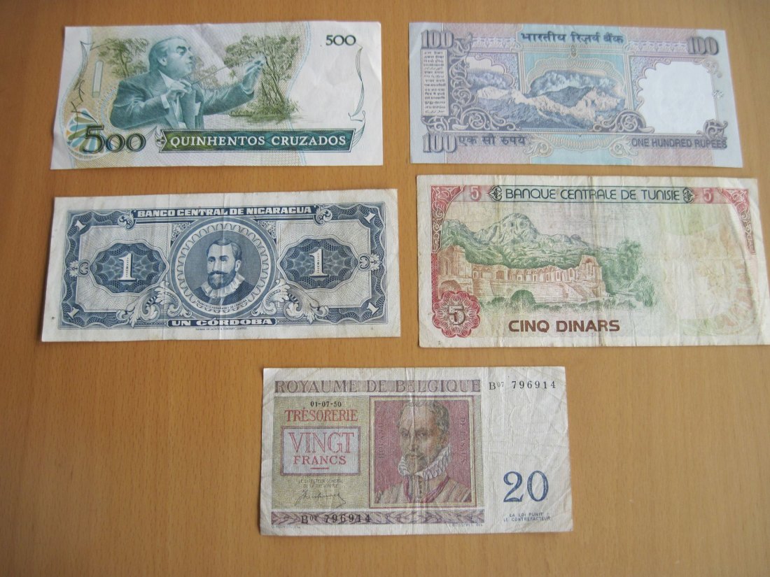  Kleines Lot Banknoten Brasilien, Indien, Belgien, Tunesien, Nicaragua   