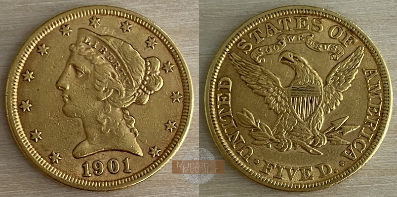 USA  5 Dollar MM-Frankfurt   Feingold: 7,52g Half Eagle 1901 