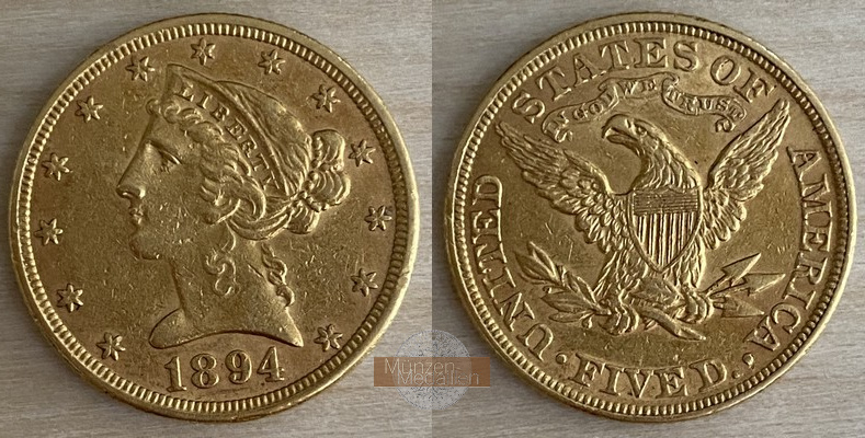 USA  5 Dollar MM-Frankfurt   Feingold: 7,52g Half Eagle 1894 