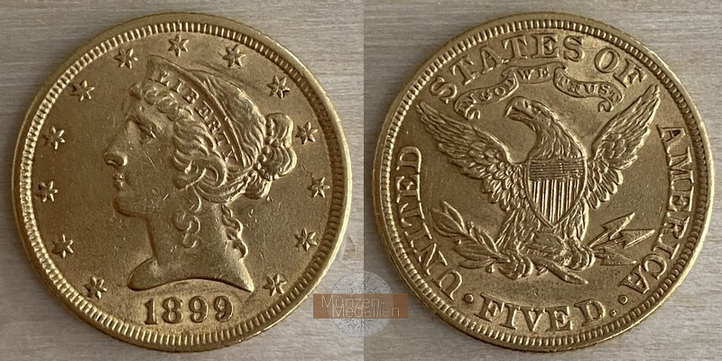 USA  5 Dollar MM-Frankfurt   Feingold: 7,52g Half Eagle 1899 