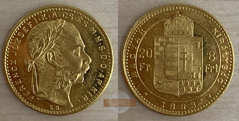 Ungarn, Königreich 1867-1918 MM-Frankfurt Feingewicht 5,81g 8 Forint 1883 KB 