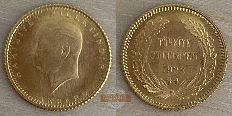 Türkei(Republik) MM-Frankfurt Feingewicht:1,67g Gold 25 Kurush 1923 vorzüglich