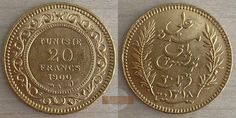Tunesien, franz. Protektorat (1890-1957) MM-Frankfurt Feingewicht: 5,81g 20 Francs 1900 A 