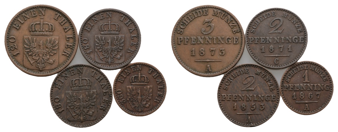  Altdeutschland; 4 Kleinmünzen 1873 / 1871 / 1853 / 1867   
