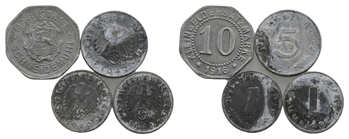  Kaiserreich; Kleingeldersatzmarke 1916; Drittes Reich; 3 Kleinmünzen; 1940/1942   