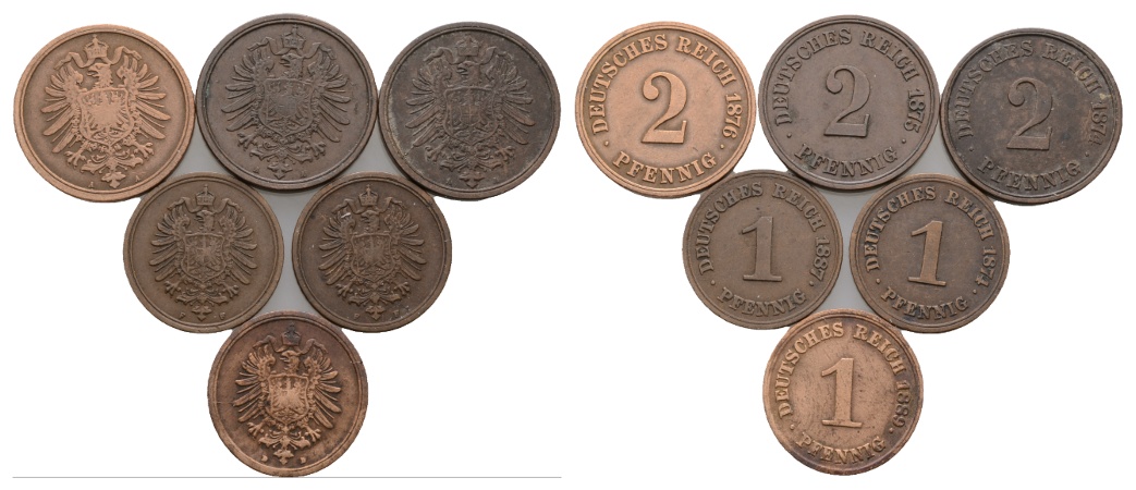  Kaiserreich; 6 Kleinmünzen 1874 - 1889   