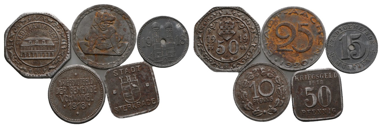  Weimarer Repulik; Notgeld; Kriegsgeld; 5 Kleinmünzen   