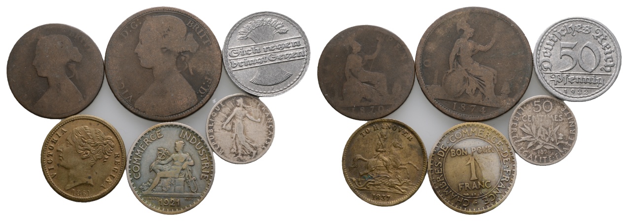  Ausland; Weimarer Republik; Frankreich; Lot Kleinmünzen (6 Stück)   