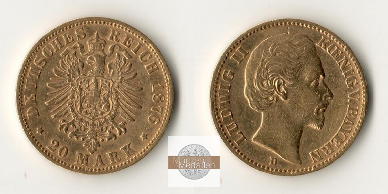 Bayern, Kaiserreich  20 Mark MM-Frankfurt Feingold: 7,17g Ludwig II. 1864-1886 1876 D 