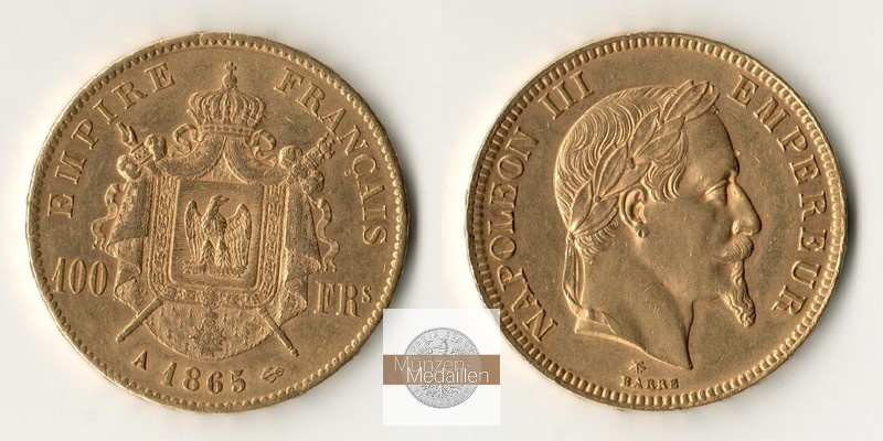 Frankreich 100 Francs MM-Frankfurt Feingold: 29,03g Napoleon III. 1865 A 