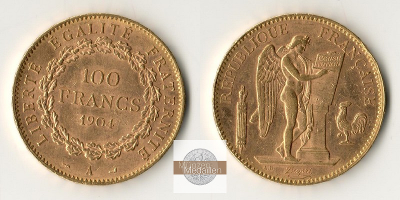 Frankreich MM-Frankfurt Feingold: 29,03g 100 Francs 1904 A 