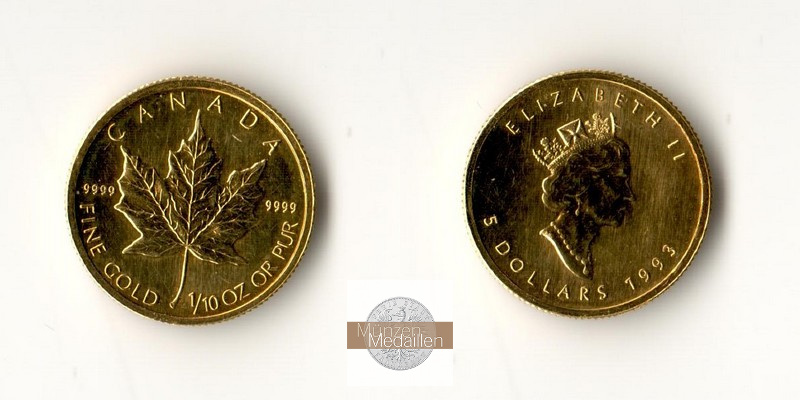 Kanada  5 Dollar MM-Frankfurt Feingold: 3,11g Maple Leaf 1993 