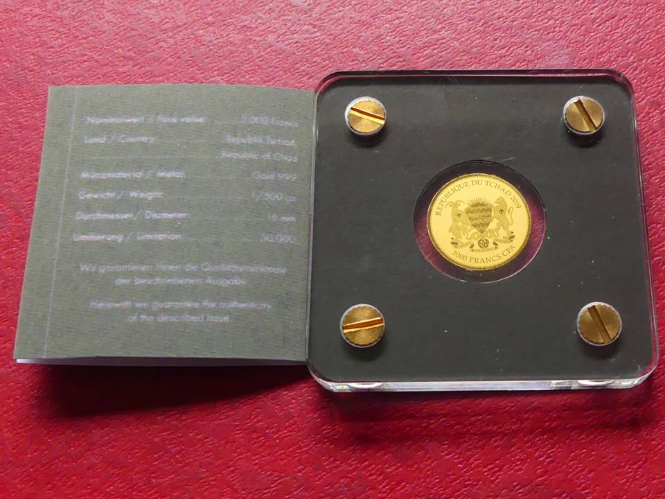  Mini-Goldmünze „Springbock“1/500 Unze 999er Gold Tschad 3000 Francs 2019   
