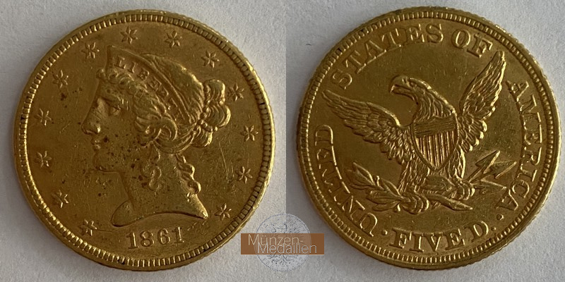 USA  5 Dollar MM-Frankfurt   Feingold: 7,52g Half Eagle 1861 