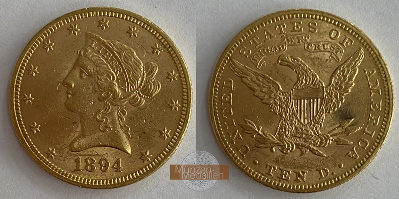 USA  10 Dollar MM-Frankfurt Feingold: 15,05g Eagle 1894 