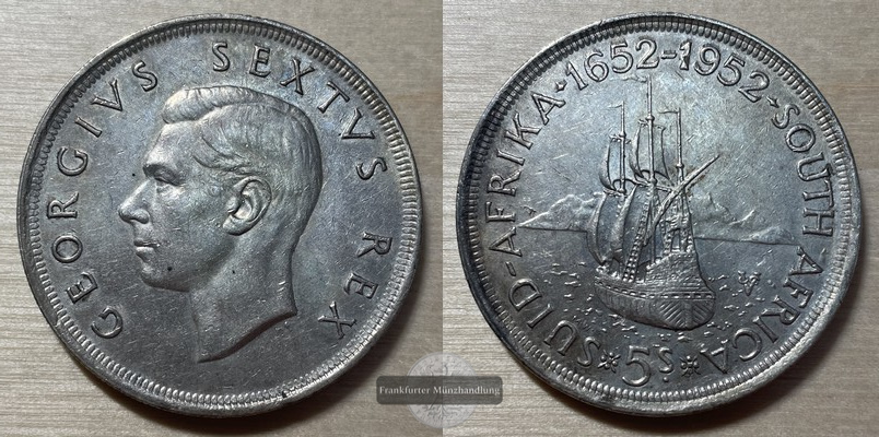  Südafrika, 5 Shillings  1952  300. Jahrestag - Gründung Kapstadt   FM-Frankfurt  Feinsilber: 14,14g   