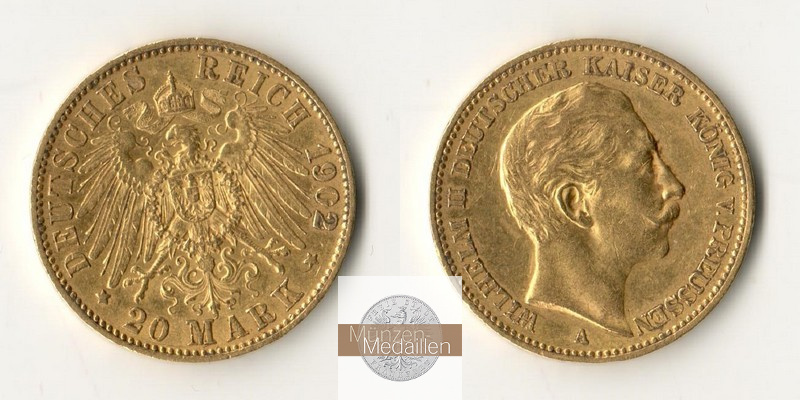 Preussen, Kaiserreich  20 Mark MM-Frankfurt Feingold: 7,17g Wilhelm II.  1888-1918 1902 A 