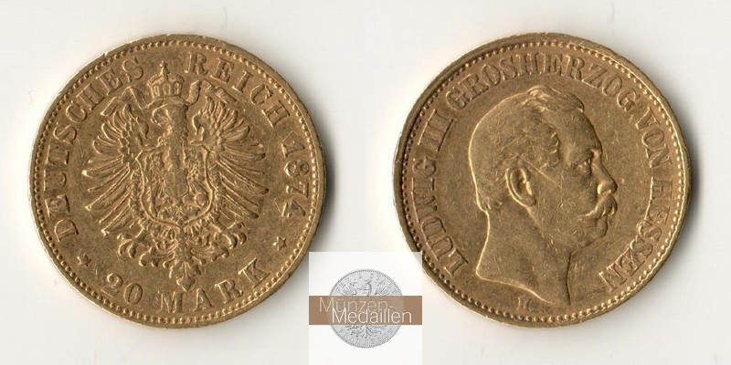 Hessen, Kaiserreich  20 Mark MM-Frankfurt Feingold: 7,17g Ludwig III. 1874 H 