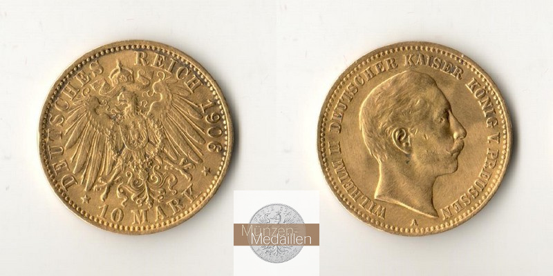 Preussen, Kaiserreich  10 Mark MM-Frankfurt Feingold: 3,58g Wilhelm II. 1888-1918 1906 A 