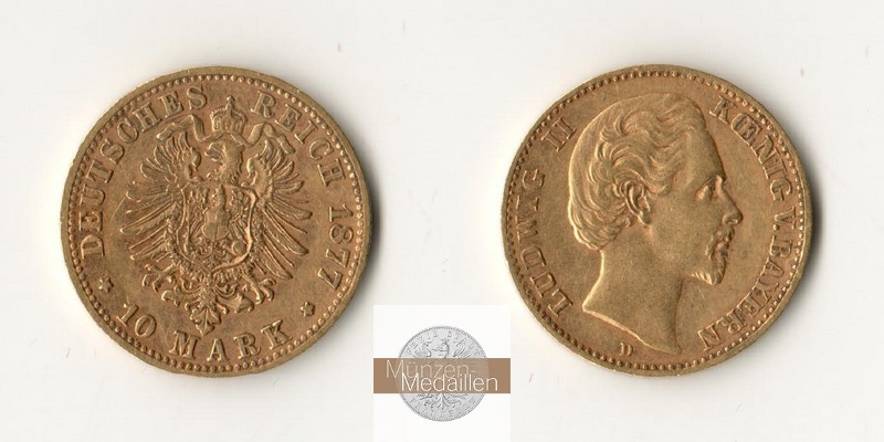 Bayern, Kaiserreich  10 Mark MM-Frankfurt Feingold: 3,58g Ludwig II. 1864-1886 1877 D 