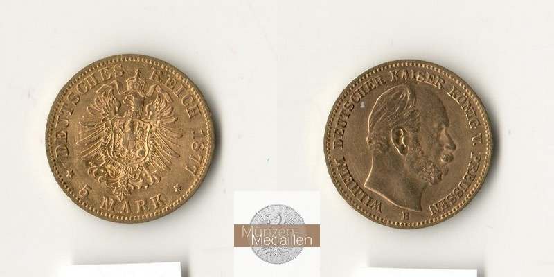 Preussen Kaiserreich  5 Mark MM-Frankfurt Feingold: 1,79g Wilhelm I. 1877 B 