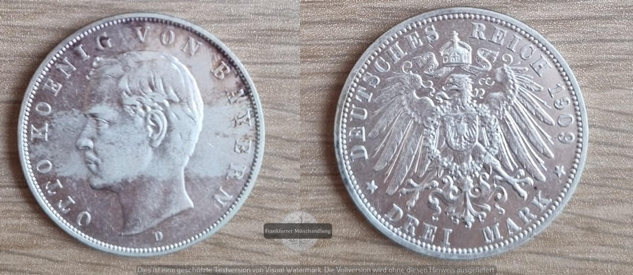  Bayern, Kaiserreich  3 Mark  1909 D    Otto  1886-1913   FM-Frankfurt   Feinsilber: 15g   