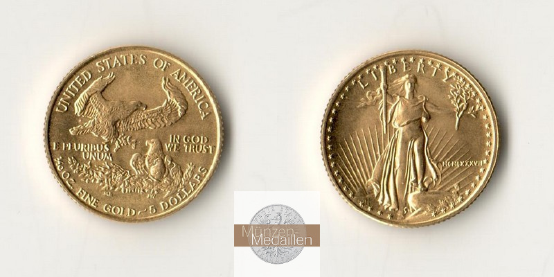 USA  5 Dollar MM-Frankfurt  Feingold: 3,11g American Eagle 1/10 Unze 1987 
