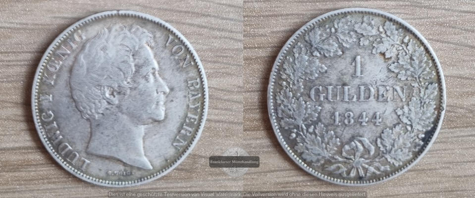  Bayern 1 Gulden 1844 Ludwig I König von Bayern   FM-Frankfurt   Feinsilber: 9,54 g   