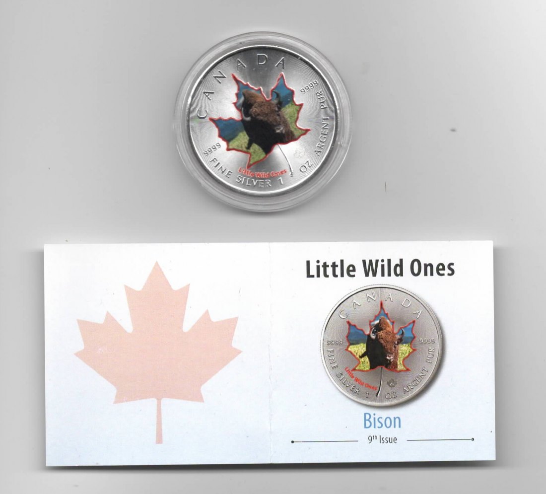  Canada, Maple Leaf, Little Wild Ones, 5 $, Bison, Farbe, 2500 St., Zertifikat, 1 unze, oz Silber   