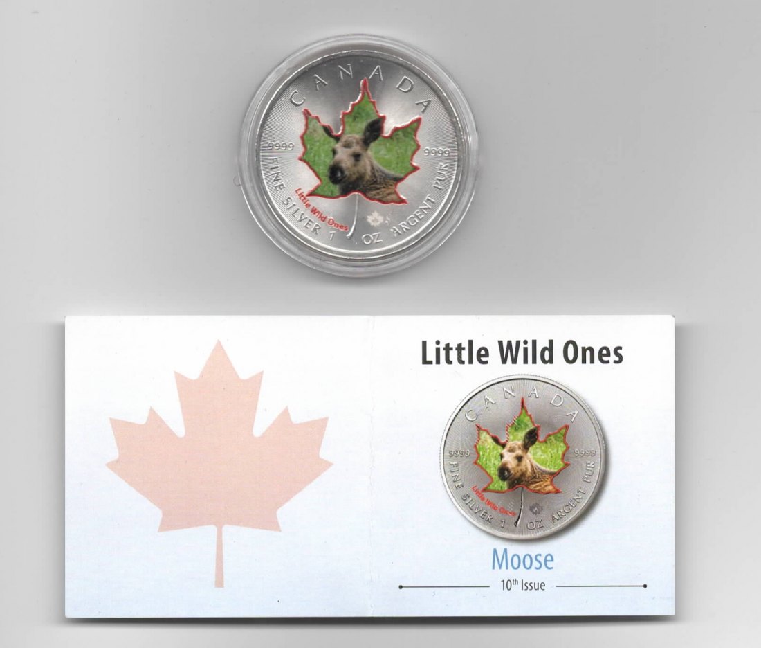  Canada, Maple Leaf, Little Wild Ones, 5 $, Moose, Farbe, 2500 St., Zertifikat, 1 unze, oz Silber   