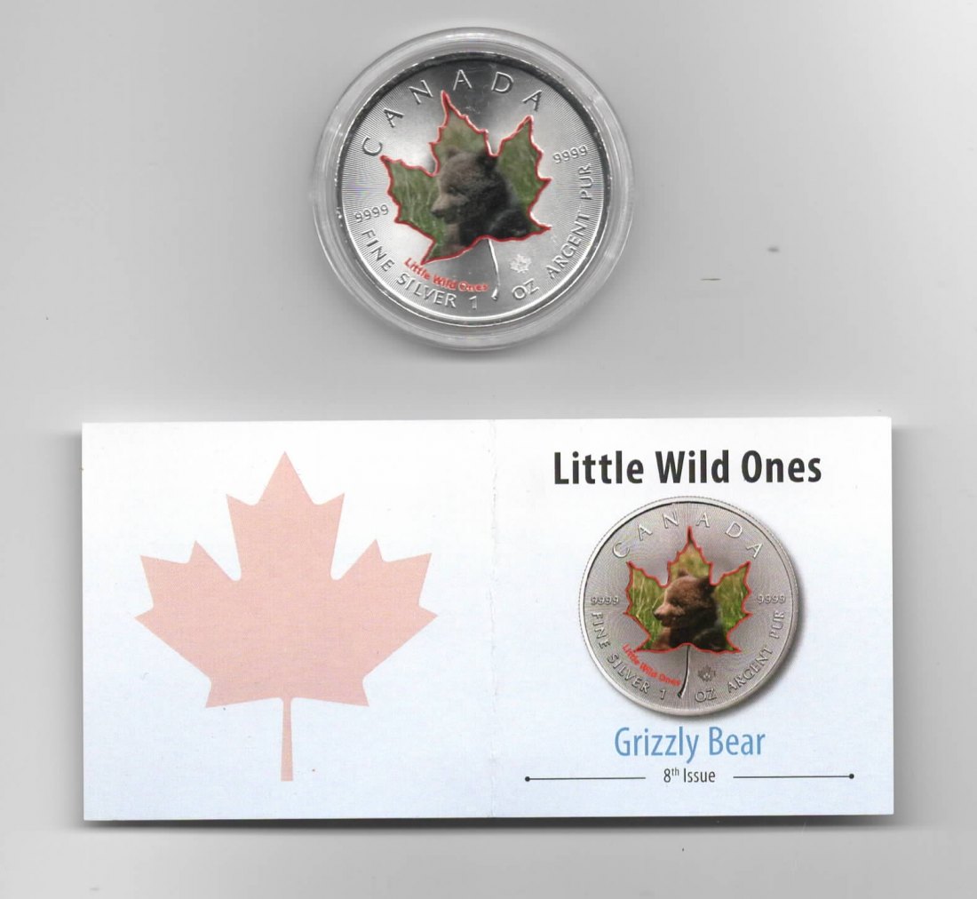  Canada, Maple Leaf, Little Wild Ones, 5 $, Grizzly, Farbe, 2500 St., Zertifikat, 1 unze, oz Silber   