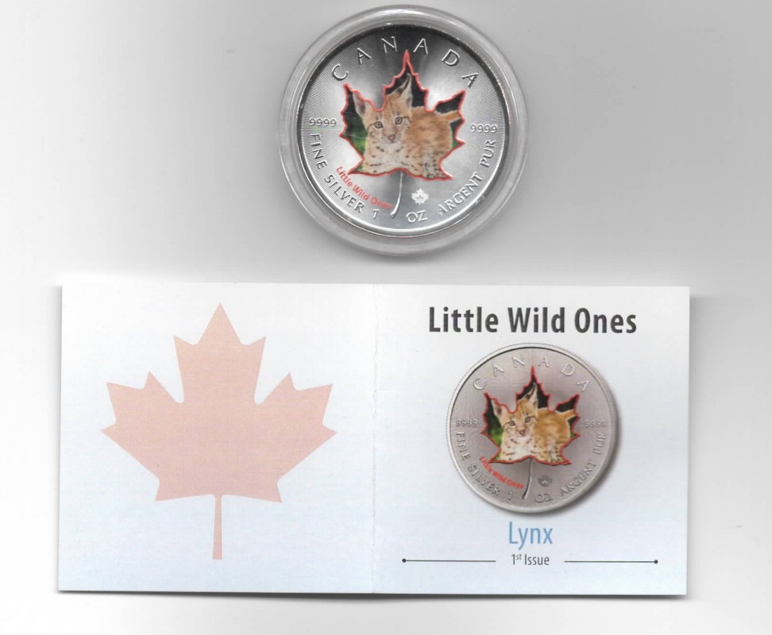 Canada, Maple Leaf, Little Wild Ones, 5$, Lynx, Farbe, 2500 St. Zertifikat, 1 oz Silber   