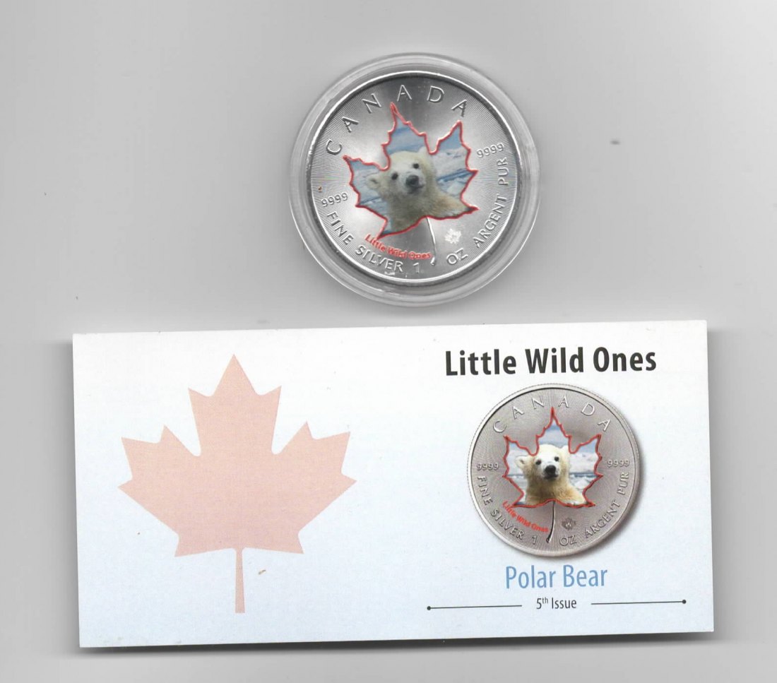  Canada, Maple Leaf, Little Wild Ones, 5$, Polar Bear, Farbe, 2500 St. Zertifikat, 1 oz Silber   