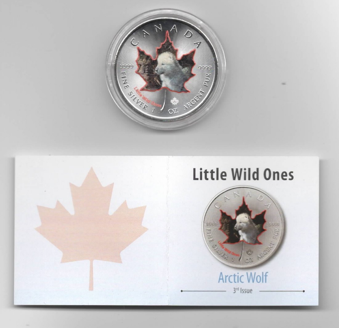  Canada, Maple Leaf, Little Wild Ones, 5$, Arctic Wolf, Farbe, 2500 St. Zertifikat, 1 oz Silber   